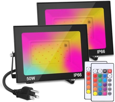 LED Flood Light Outdoor, 50W Color Changing RGB Flood Light, IP66 Waterproof Outdoor Landscape Lights Stage Lights, 5000LM Uplighting for Party, 2Pack by GANGZHIZI