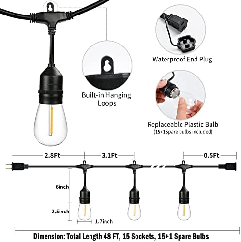 48FT Outdoor String Lights LED Heavy-Duty Waterproof Patio Lights - Image 2