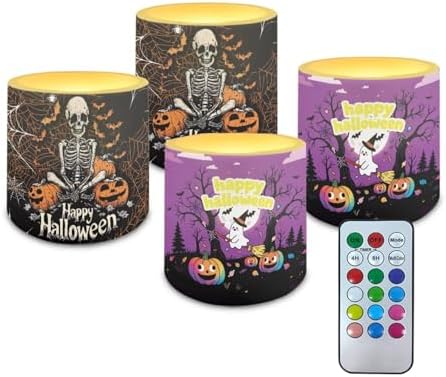 Novelty Happy Halloween Pumpkin Flameless LED Candles Electric Pillar Candle with Remote Timer Color Changing Control Long Lasting Pack of 4 for All Hallows' Eve Decor by WelcometoLuarisgur