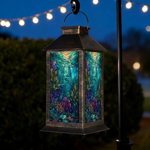 Solar Lantern Vibrant Ocean Inspired Stained Glass Masterpiece Swirling Corals Outdoor Waterproof Garden Hanging Lantern Solar Powered Lighting Outside Table Lamp for Patio Deck Camping 1 Pack by Unknown