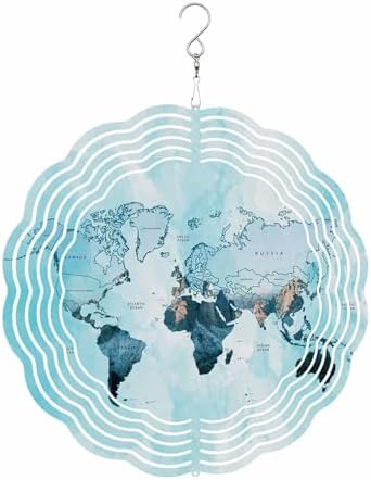 World Map Wind Spinner 12 Inch Blue Map Abstract Wind Spinners Outdoor 3D Stainless Steel Hanging Sculpture Decorations Gift for Garden Yard Porch Balcony by Prime+Leader