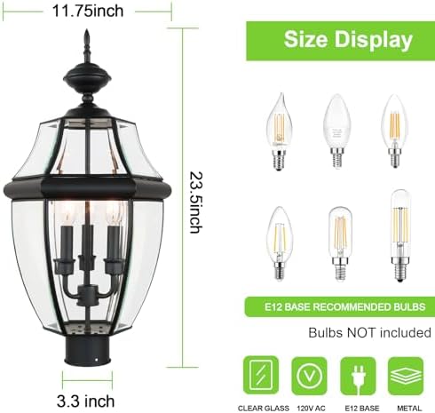 Kalium Outdoor Post Lights, 3 Light Lamp Post Light Fixture Hardwired with Clear Beveled Glass, 23" Large Waterproof Lamp Pillar Fixtures for Yard Pathway Porch Patio 60W Matte Black - Image 5