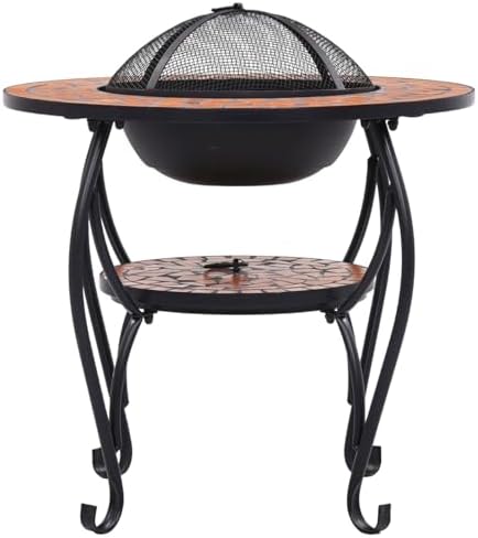 Tidyard Mosaic Fire Pit Table, 68cm Round Ceramic Steel Patio Heater with Mesh Cover and Poker for Outdoor Garden Backyard - Image 4