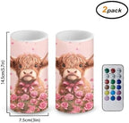 Floral Highland Cow Flameless Candles Battery Operated Flameless Candles with Timer Remote LED Real Wax Pillar Lights for Valentine's Day Home Decor Battery Tea Lights - Image 2