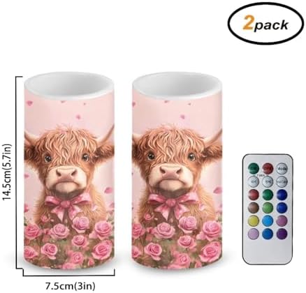 Floral Highland Cow Flameless Candles Battery Operated Flameless Candles with Timer Remote LED Real Wax Pillar Lights for Valentine's Day Home Decor Battery Tea Lights - Image 2