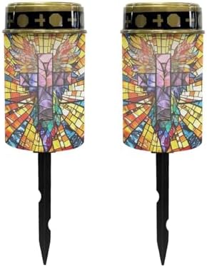 Poceacles Cross Solar Pathway Lights Outdoor Grave Solar Lights Outside Waterproof Cemetery Flameless Candles Outdoor Solar Candle Grave Markers Eternal Decor, Gothic Wings Cross, Pack of 2 by Poceacles