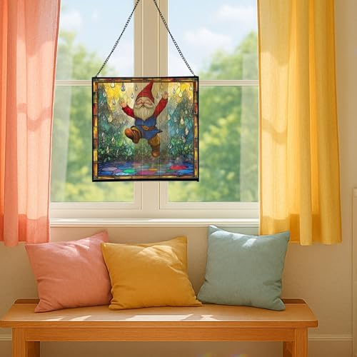Raindrop Dance Gnome Stained Glass Suncatcher – Square Hanging Window Panel for Home or Greenhouse – Whimsical Glass Art Gift for Garden Lovers, Christmas, Halloween, Father Days 5CgFwp - Image 5