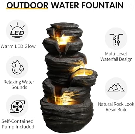 Stacked Rock Outdoor Waterfall Fountain with Warm LED Lights, 25.6" Cascading Water Feature, Weather-Resistant Resin Garden Decor, Self-Contained Pump, No Plumbing Required for Patio Yard Porch - Image 7