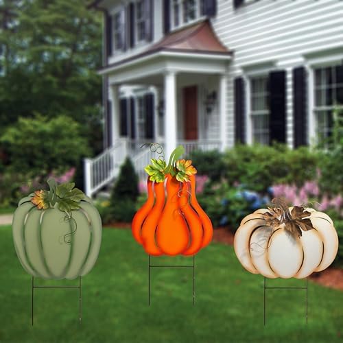 Fall Harvest Metal Pumpkin Garden Stakes, Set of 3, Orange White Green, Autumn Yard Decor - Image 6