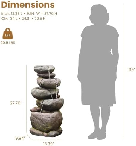 Bumilgar 27.8" H Outdoor Water Fountain with LED Lights, 5-Tier Cascading Stone Waterfall Fountain, Natural Rock Resin Outdoor Water Fountain for Garden Patio Backyard Porch Indoor Decor - Image 2