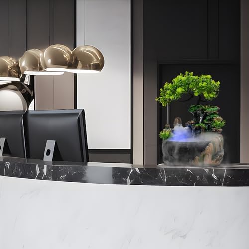 Tabletop Fountain Ornament, 220V Desktop Waterfall Fountain with LED Atomizer and Pond, Featuring Realistic Waterfall Artificial Trees, Rockery Water Fountains for Indoor Home Office Desk Decor (G) - Image 2