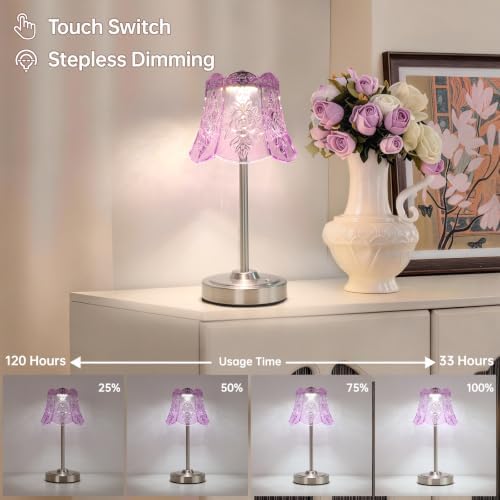Shenmoyl Cordless Touch Table Lamp with 5200mAh Battery - 3 Adjustable Color Temperatures & Dimmable, Rechargeable Desk Lamp for Bedroom, Living Room, Office, Entryway, Bookshelves (Clear Purple Rose) - Image 2