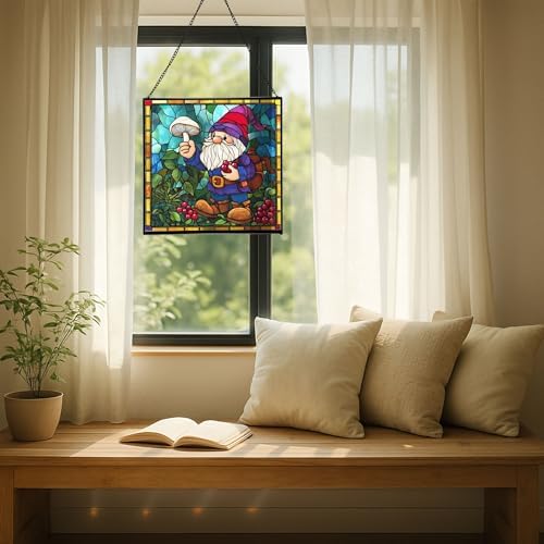 Gnome with Berry Dyes Stained Glass Suncatcher – Square Hanging Window Panel for Home, Garden, Nursery, Halloween, Christmas, Memorial Day – Whimsical Glass Art Gift for Gnome Lovers r1sbo0 - Image 7