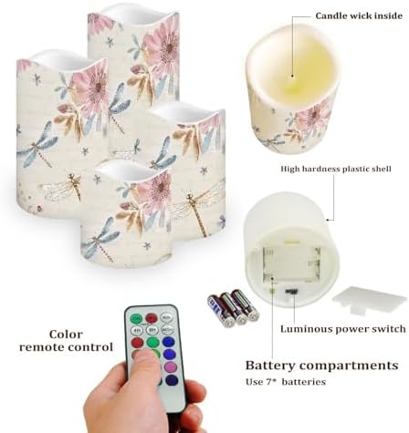 Dragonfly Pink Floral Flameless Candles with Remote Timer Battery Powered LED Candles Color Changing Pillar Electric Fake Candles Bulk for Indoor Set of 4 - Image 3