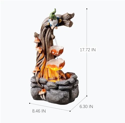 Tolevoit Gnome Outdoor Water Fountain with Warm LED Lights, Cascading Mushroom Waterfall on Tree Stump, Whimsical Garden Decor & Yard Art for Patio, Lawn, Porch and Indoor Tabletop - Image 3