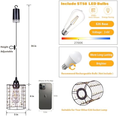 Battery Operated Hanging Outdoor Chandelier, Battery Power 5′′×6′′ Pendant Light, Gazebo Lights Outdoor, 4 AA Batteries, for Gazebo, Pergola, Porch, Patio, Indoor Outdoor Decor Lighting (2) - Image 4