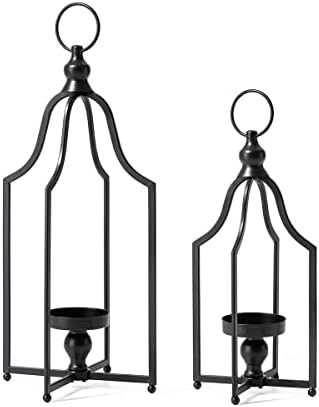 Glitzhome Set of 2 Modern Farmhouse Black Metal Lanterns Decorative Hanging Candle Lanterns for Indoor Outdoor Small&Large (No Glass) - Image 6