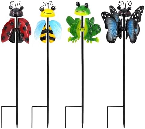 4 Pack Metal Wind Spinners Garden Stake Butterfly Frog Bee Kinetic Art by Unknown