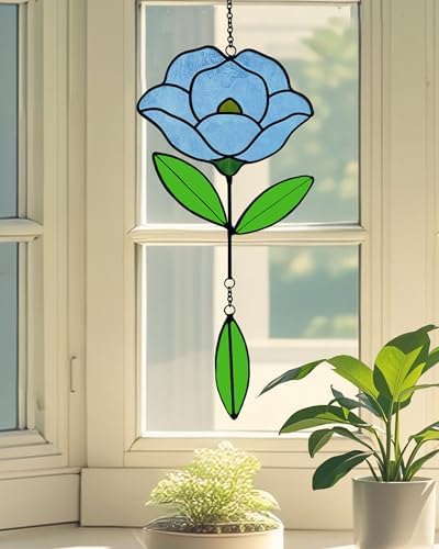 Flower Suncatchers, Stained Glass Window Hangings, Garden Suncatchers for Window and Wall Decor (B-Light Blue) by Langodeco