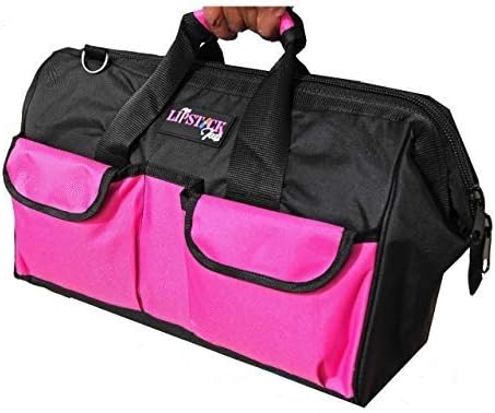 18-Inch Multi-Purpose Zip-Top Pink Storage Wide Mouth Tool Bag Organizer. Great for Home Improvement/Contractors Tools. Heavy Duty Storage Pockets and Shoulder Strap. by Lipstick+Tools