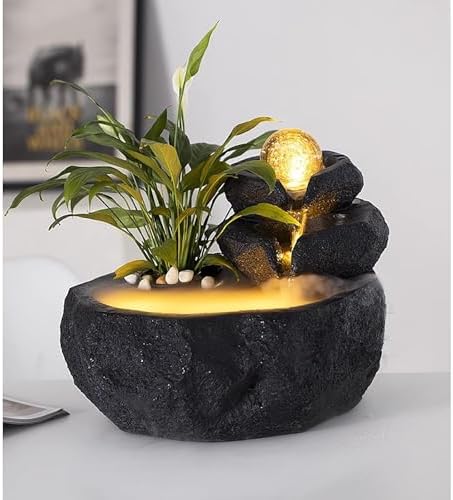 Resin Stone Waterfall Outdoor Fountain, Indoor Water Fountain Tabletop, with LED Light, Rolling Ball, Bird Design for Home Decor, Office, Backyard(Black,Small) - Image 7