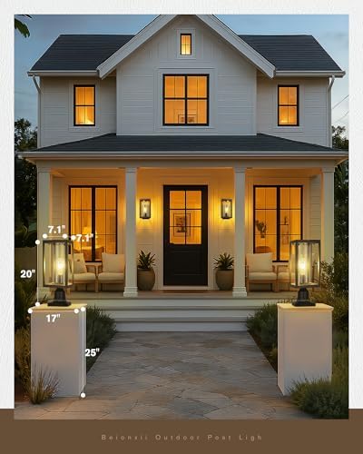 Beionxii Outdoor Post Lantern, 20inch Large Modern Lamp Post Light Fixture Exterior Pillar Lights with Pier Mount Base, Black Cast Aluminum w/Clear Cylinder Glass - A291P-2PK (NOT Solar, 110-120V AC) - Image 4