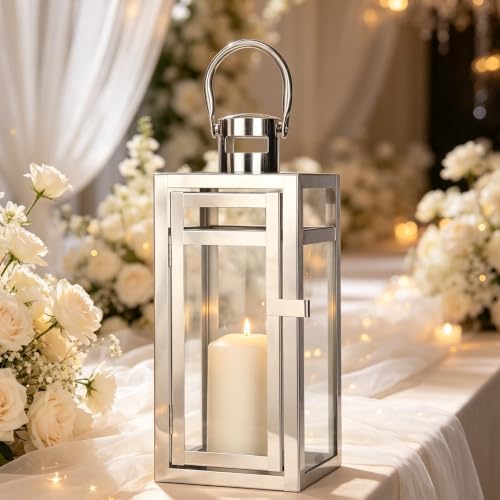 TRIROCKS Stainless Steel Decorative Lantern 12'' High Metal Hanging Lantern with Tempered Glass Perfect for Home Decor Living Room Parties Events Tabletop Indoors Outdoors (Silver) - Image 3