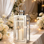 TRIROCKS Stainless Steel Decorative Lantern 12'' High Metal Hanging Lantern with Tempered Glass Perfect for Home Decor Living Room Parties Events Tabletop Indoors Outdoors (Silver) - Image 3