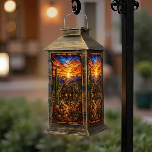 Solar Lantern Outdoor Waterproof Desert Landscape Rustic House Cactus Stained Glass Art Style Garden Decor LED Hanging Solar Lights Tabletop Lamp Gifts for Women Mom Outside Yard Patio Porch by DERUINVAIO