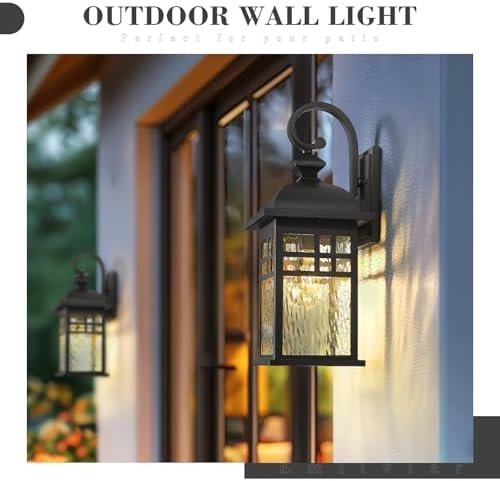 Emliviar 22" Black Industrial Wall Lantern, Weatherproof Outdoor Wall Mount Lamp Light Fixture with Water Ripple Glass, DE279B-M BK-WP - Image 5