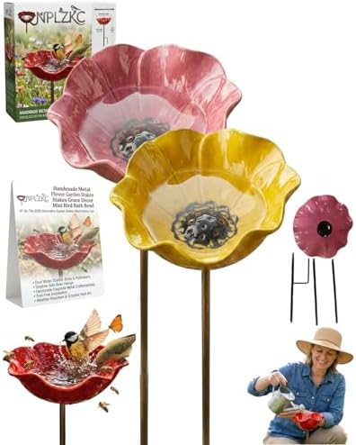 Handmade Metal Flower Garden Stakes Grace Decor Mini Bird Bath Bowl Supports for Outside Outdoors Pollinator Butterfly Bee Watering Station Birdbath Hummingbird Water Feeder Yard Art Gift(2MIXE) by Unknown