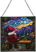 Gnome Stargazer Bench Stained Glass Suncatcher – Square Hanging Window Panel for Home or Greenhouse – Whimsical Glass Art Gift for Garden Lovers, Christmas, Halloween, Father Days RnUNeB by Custom