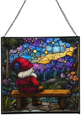 Gnome Stargazer Bench Stained Glass Suncatcher – Square Hanging Window Panel for Home or Greenhouse – Whimsical Glass Art Gift for Garden Lovers, Christmas, Halloween, Father Days RnUNeB by Custom