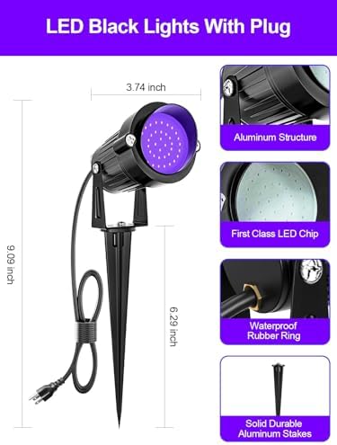 ZUCKEO Blacklight Spotlight Outdoor 15W Halloween Black Light Spot Light with US Plug, IP66 Landscape Black Lights Fixtures for Glow Party Fluorescent Yard Garden House Decorating(6Pack) - Image 4