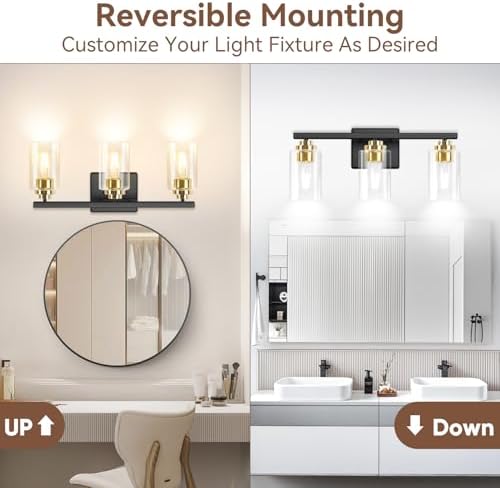 19" Black & Gold Modern Vanity Lights Over Mirror with Clear Glass Shades - Image 2
