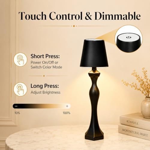 2 Pack Cordless Table Lamps, 5200mAh Rechargeable Battery Operated Lamp, Portable Outdoor Desk Light with 3 Color & Stepless Dimming Touch Control for Bedroom, Patio, Restaurant, Dining Room (Black) - Image 4