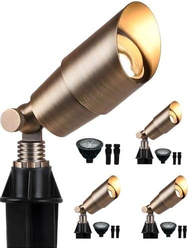 PARTPHONER Solid Brass Low Voltage Landscape Lighting, Wired 12V LED Landscape Spotlights with Aluminum Housing MR16 Bulb, Heavy Duty Outdoor Waterproof Up Lights for Garden, Yard, Trees, 4Pack by PARTPHONER
