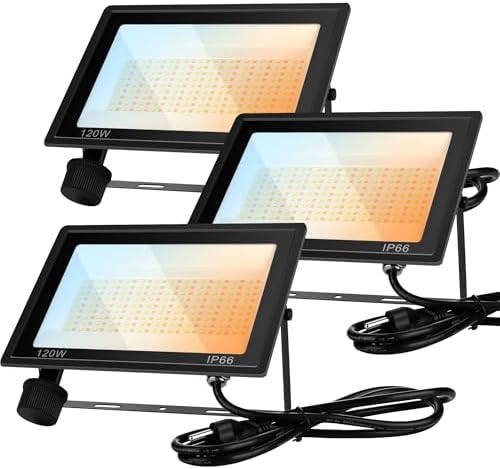 3 Pack 120W Flood Lights Outdoor, 3CCT 3000/4500/6000K Selectable Floodlight Outside Light, 14400LM Super Bright IP66 Waterproof Security Lamps for Backyard Garage Garden by Sunkkes