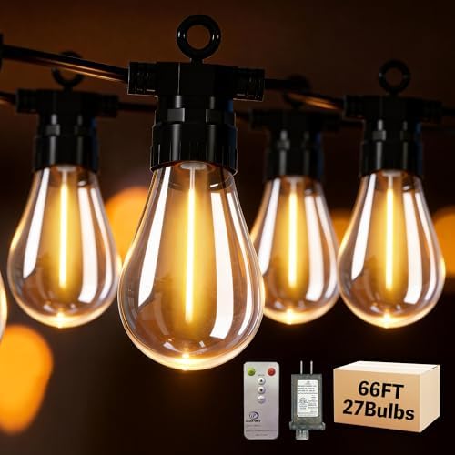 66FT Outdoor String Lights with Remote, 27 Dimmable Shatterproof LED Edison Bulbs, Waterproof Patio & Backyard Lights for Pergola, Deck, Garden, Bistro, Commercial Grade Hanging Lights by Unknown
