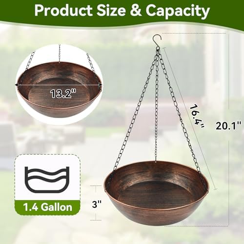 13" Metal Hanging Bird Bath with Chains and Hook - Image 3