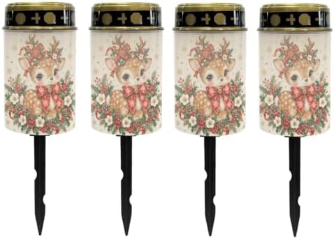 Poceacles Solar Outdoor Lights Winter Holiday Christmas Solar Grave Lights Cemetery Candles Decorative LED Automatic Flameless Candle, Cute Deer Christmas Poinsettia, 4 Piece by Poceacles