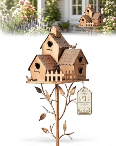 Handmade Iron Birdhouse Metal Garden Stake Bird House with Pole Stand by Unknown