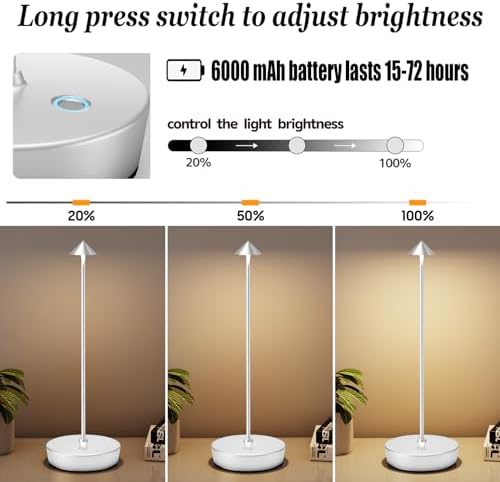2Pack Rechargeable Cordless Table Lamp, Portable Powered LED Battery 6000mAh Metal USB Desk Lamp, 3 Levels Brightness Light for Restaurants Outdoor (2pack Silver) - Image 4