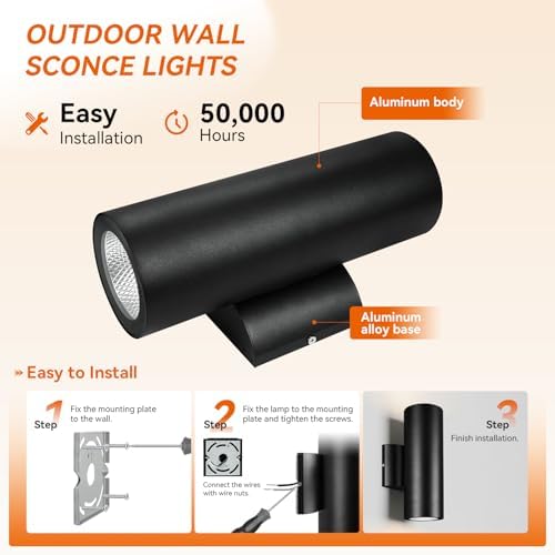 JO.KO Up Down Lights Outdoor, Cylinder Wall Lights 10.24" 2 Pack, 2700K Warm White Porch Light in 2 Lights, Matte Black Waterproof Wall Sconce, Aluminum Exterior Light Fixture Wall Mount - Image 7