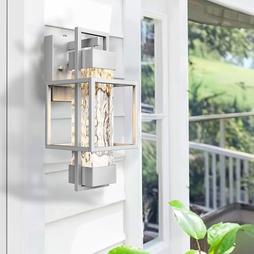 PARTPHONER Modern Outdoor Light Fixtures Dusk to Dawn Outdoor Lighting 2 Pack, 15" Exterior Wall Sconce Waterproof Outside Porch Light for House with Water Glass for Garage Doorway Silver - Image 5