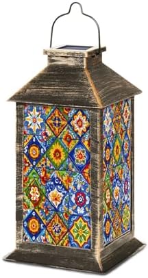 Solar Lantern Mexican Talavera Ceramic Tile Ethnic Folk Ornament Flowers Texture Outdoor Waterproof Hanging Solar Light Outside Lights for Patio Yard House Lawn Decor Birthday Gifts for Women Mom by Unknown