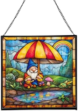 Gnome with Umbrella Stained Glass Suncatcher – Square Hanging Window Panel for Home, Garden, Nursery, Halloween, Christmas, Memorial Day – Whimsical Glass Art Gift for Gnome Lovers h4vwi8 by Custom