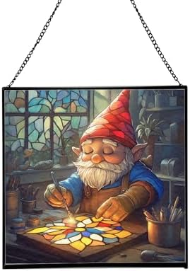 Suncatcher Maker Gnome Stained Glass Suncatcher – Square Hanging Window Panel for Home or Greenhouse – Whimsical Glass Art Gift for Garden Lovers, Christmas, Halloween, Father Days ceft0Z by Custom