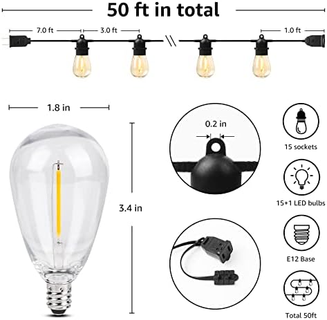 Lepro S14 Outdoor String Lights, 50ft Patio Lights with 15 LED Edison Bulbs - Image 3