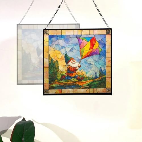 Gnome with Kite Flight Stained Glass Suncatcher – Square Hanging Window Panel for Home or Greenhouse – Whimsical Glass Art Gift for Garden Lovers, Christmas, Halloween, Father Days uL8KsZ - Image 4